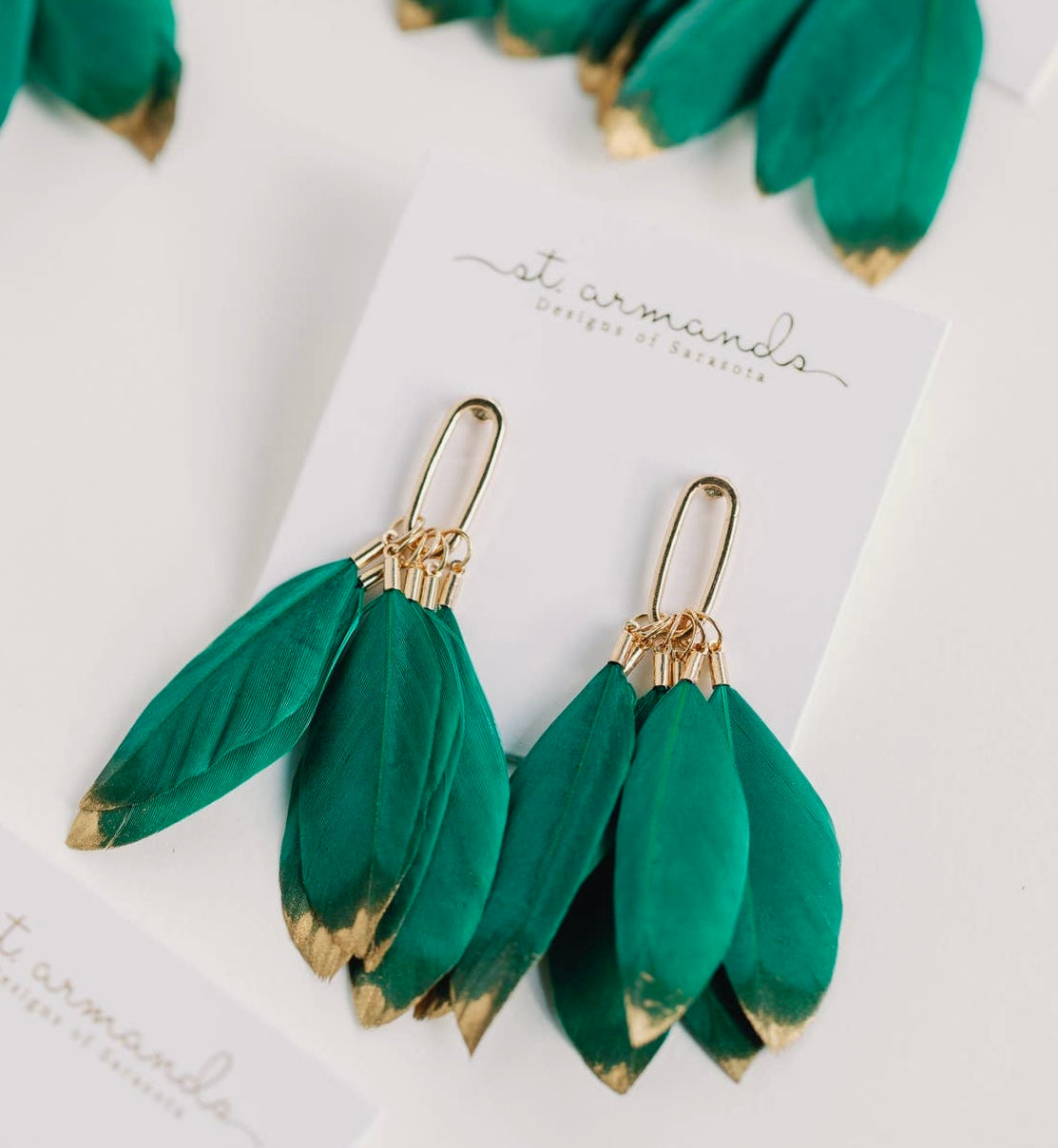 Emerald Gold Dipped Feather Earrings