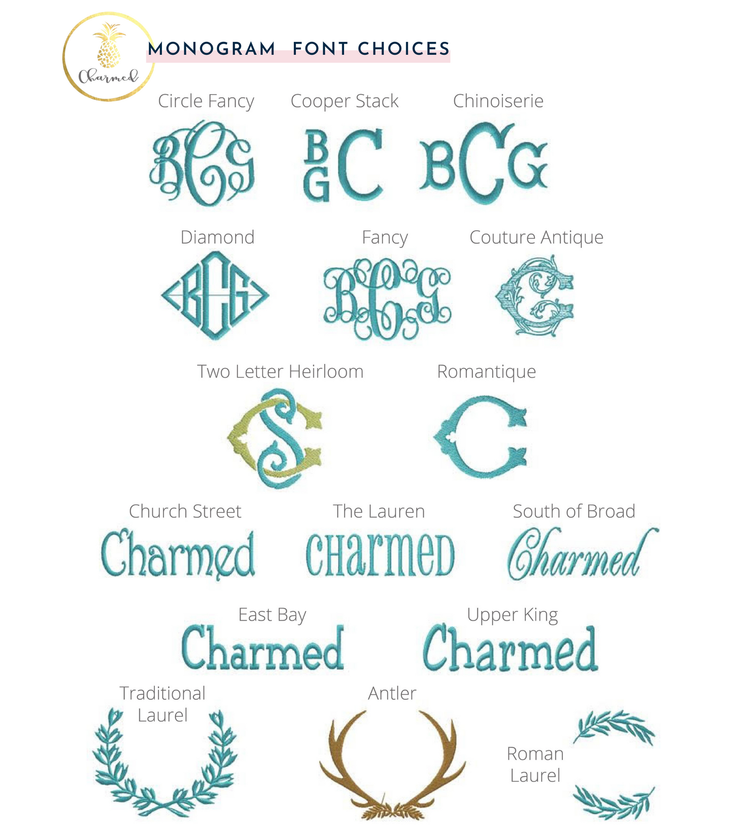 Charmed Beauty & Gift Monogramed Font Choices. More in-store. 