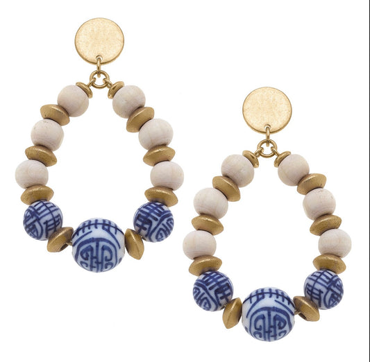 Chinoserie Porcelain and Wood Bead Earrings