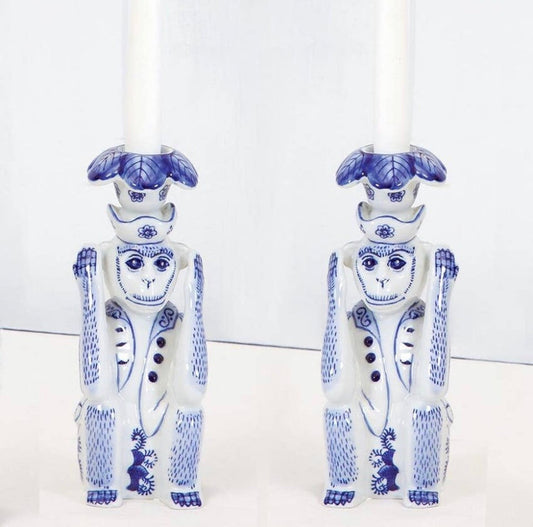 Chinoiserie Blue and White Monkey Candle Holder Set